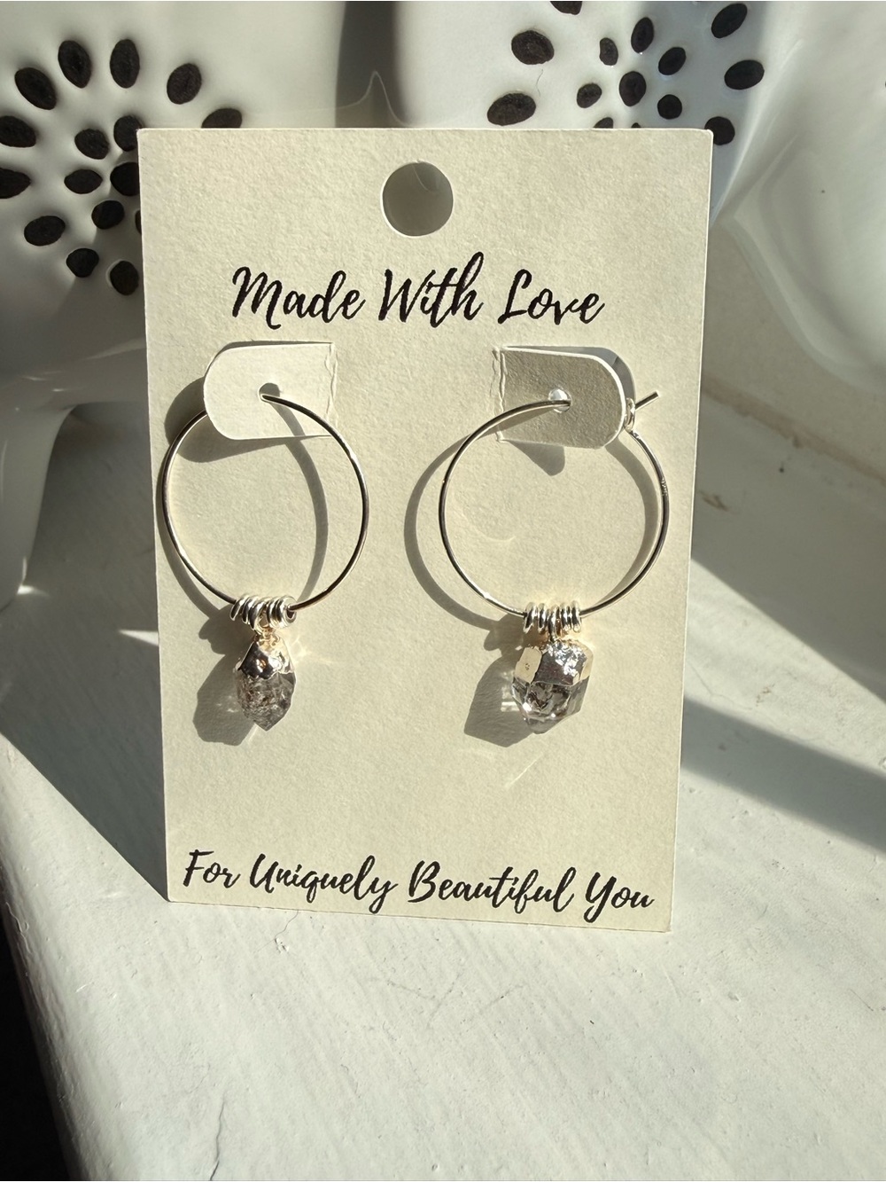 Hand Crafted Sterling Silver Hoop Earrings with Herkimer Diamond Crystal Charms